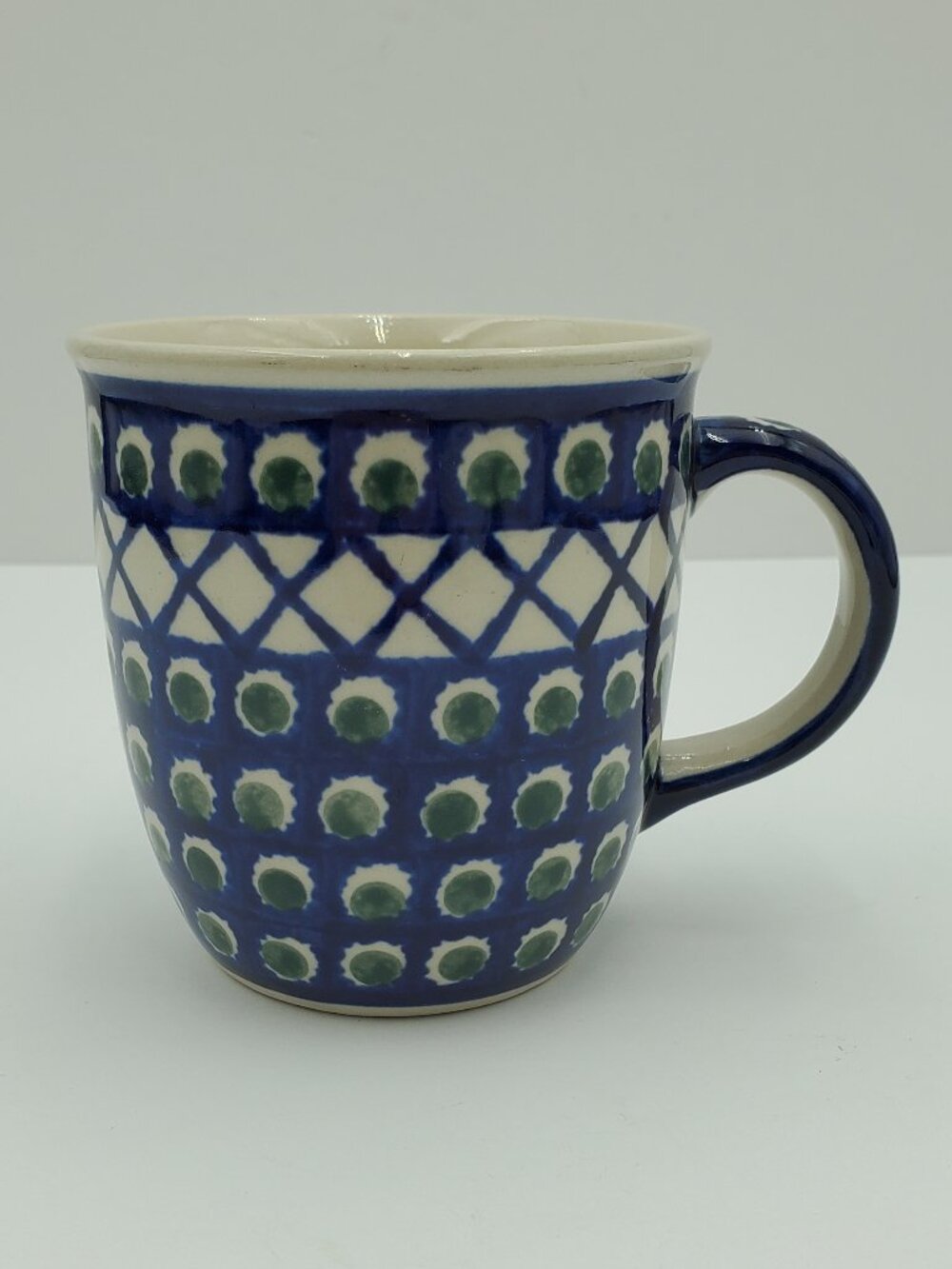 Polish Pottery Peacock Lattice Mug Green Dots Criss Cross Lines Coffee Mug